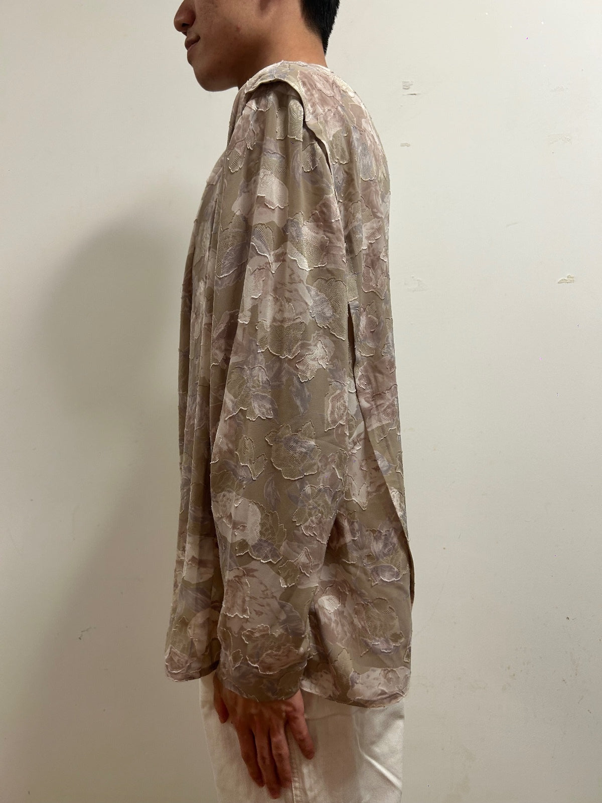 French Vintage Floral Blouse UK 16 Romantic Textured Long Sleeve  Neutral Beige