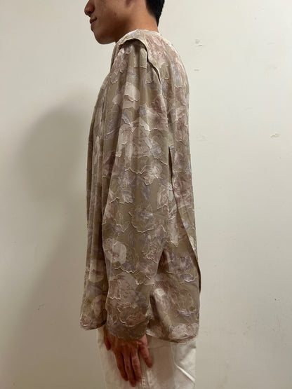 French Vintage Floral Blouse UK 16 Romantic Textured Long Sleeve  Neutral Beige