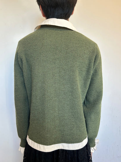 Vintage Olive Green Knit Cardigan | Pearl Button Sweater | Dark Academia