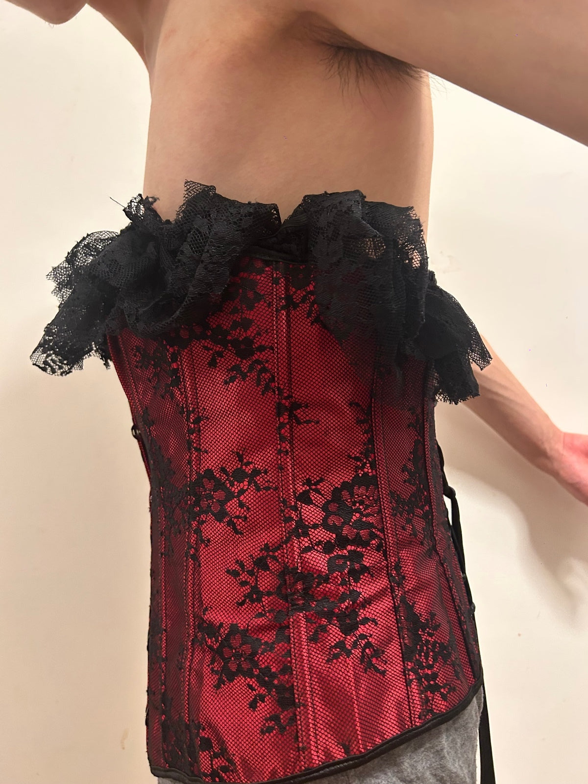 Red & Black Lace Corset Bustie xl Gothic Victorian Boned Corset Top Lace-Up Back