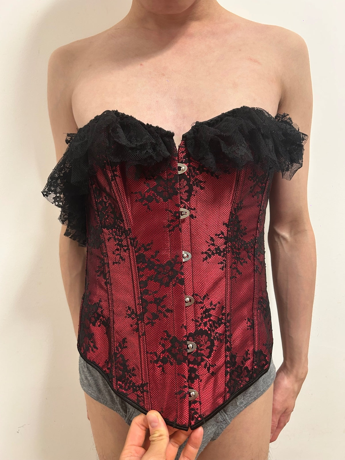 Red & Black Lace Corset Bustie xl Gothic Victorian Boned Corset Top Lace-Up Back