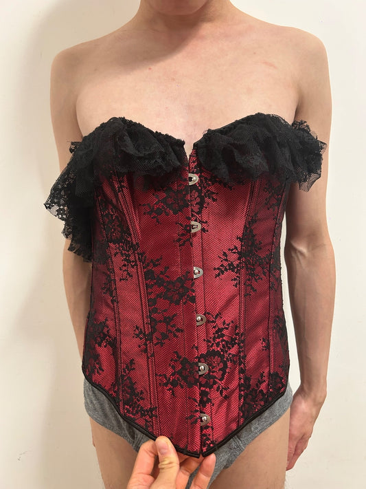 Red & Black Lace Corset Bustie xl Gothic Victorian Boned Corset Top Lace-Up Back