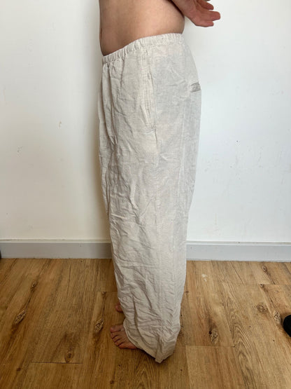 Linen Blend Wide Leg Drawstring Trousers | Relaxed Beige Summer Trousers XL