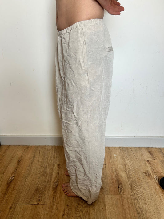 Linen Blend Wide Leg Drawstring Trousers | Relaxed Beige Summer Trousers XL