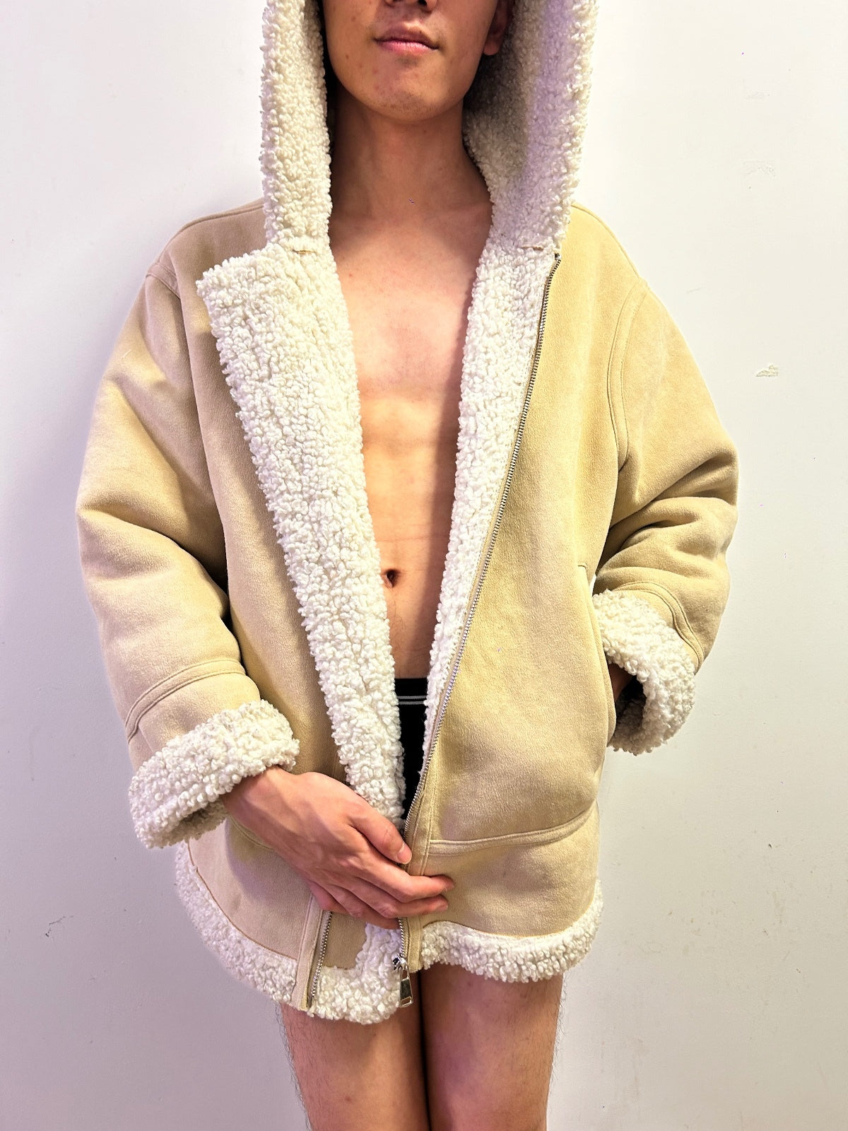 Zolla Reversible Teddy Fleece Faux Suede Hooded Jacket Double-Sided Winter Coat