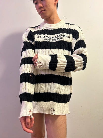 Oversized Distressed Cable Knit Striped Jumper Black White Grunge JapaneseStyle