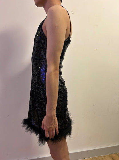 Italian Black Sequin Feather Hem Slip Dress | Size M  Evening Glamour Mini Dress