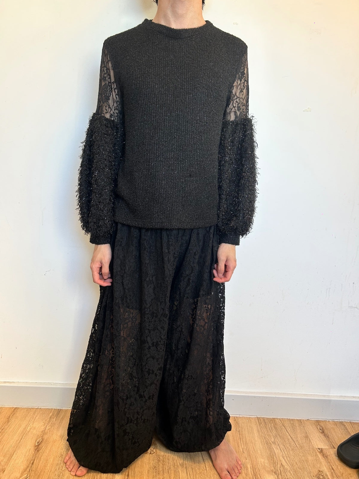 Black Lace Balloon Sleeve Knit Jumper | Sheer Floral Lace Gothic RomantiSweater