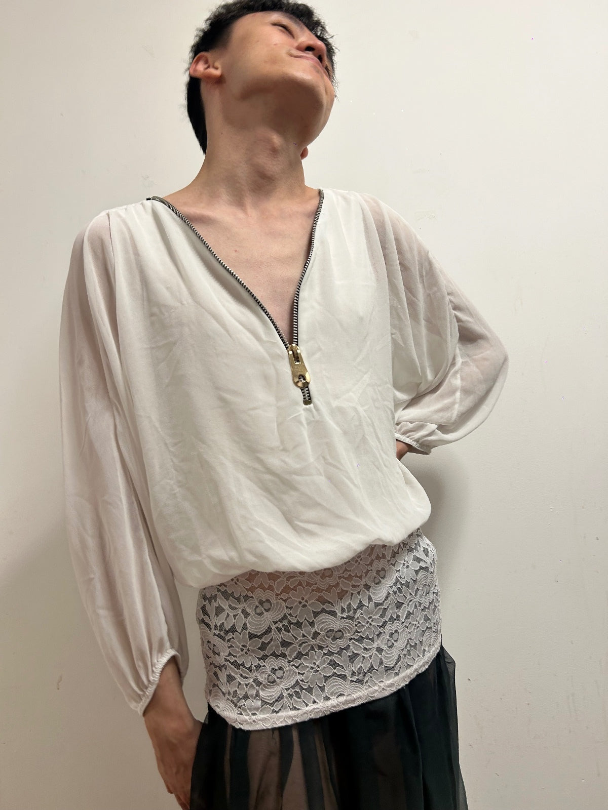 Elegant Ivory Sheer Zip Blouse | Relaxed Balloon Sleeves | Size L