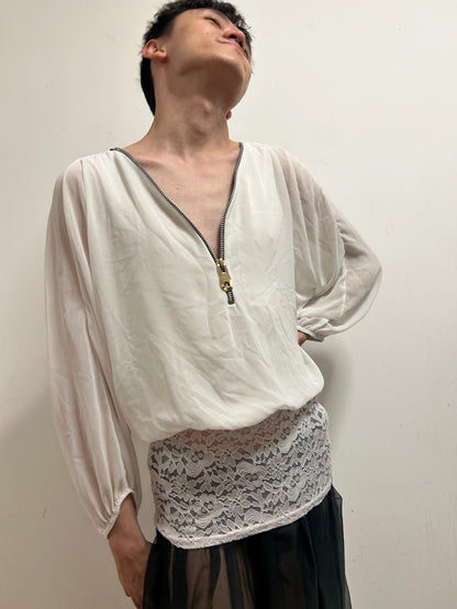 Elegant Ivory Sheer Zip Blouse | Relaxed Balloon Sleeves | Size L