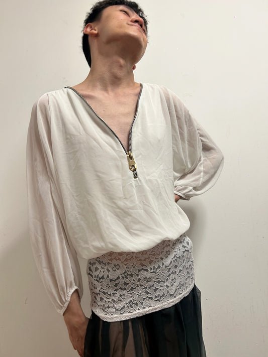 Elegant Ivory Sheer Zip Blouse | Relaxed Balloon Sleeves | Size L