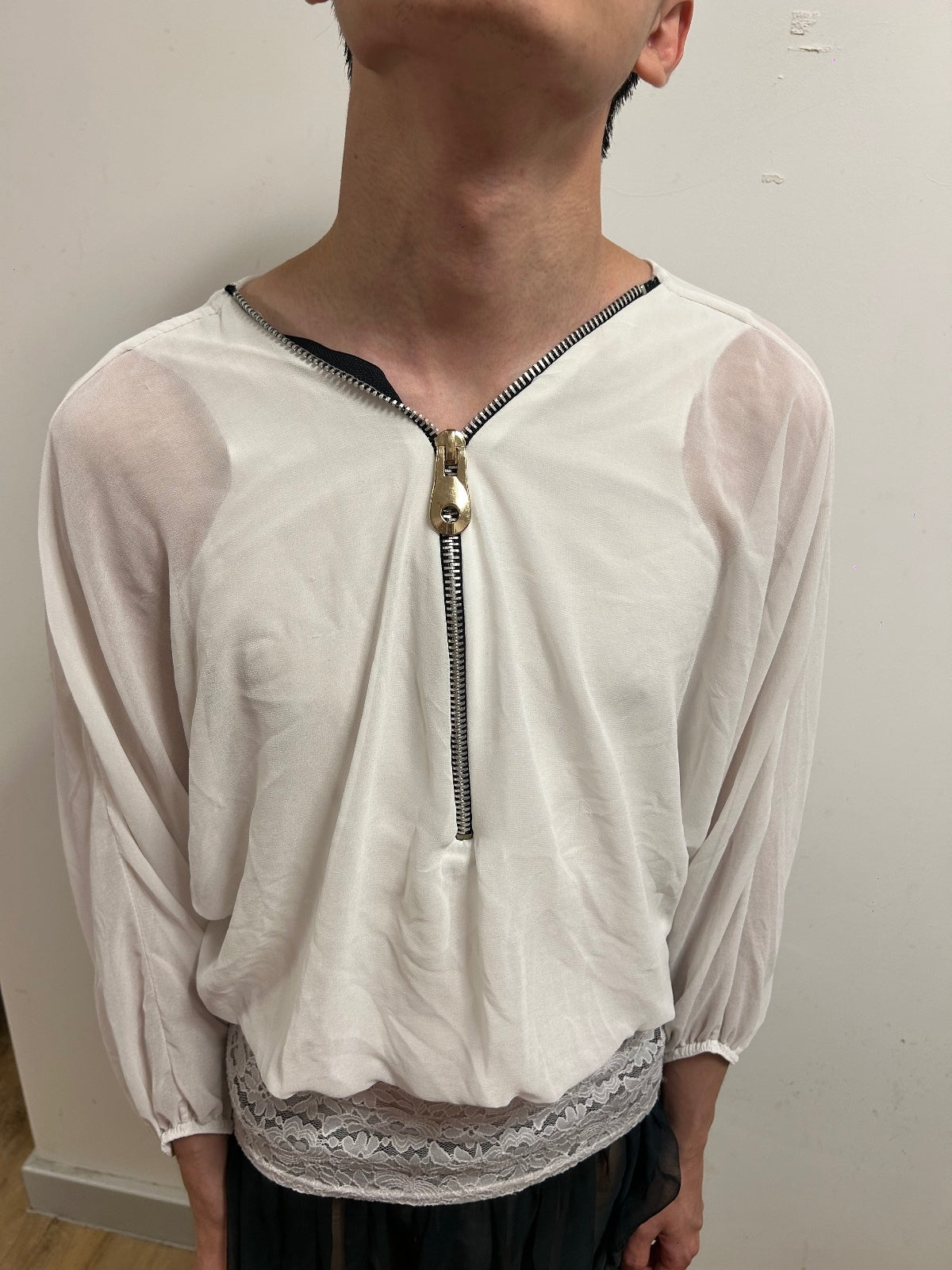 Elegant Ivory Sheer Zip Blouse | Relaxed Balloon Sleeves | Size L