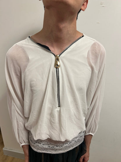 Elegant Ivory Sheer Zip Blouse | Relaxed Balloon Sleeves | Size L
