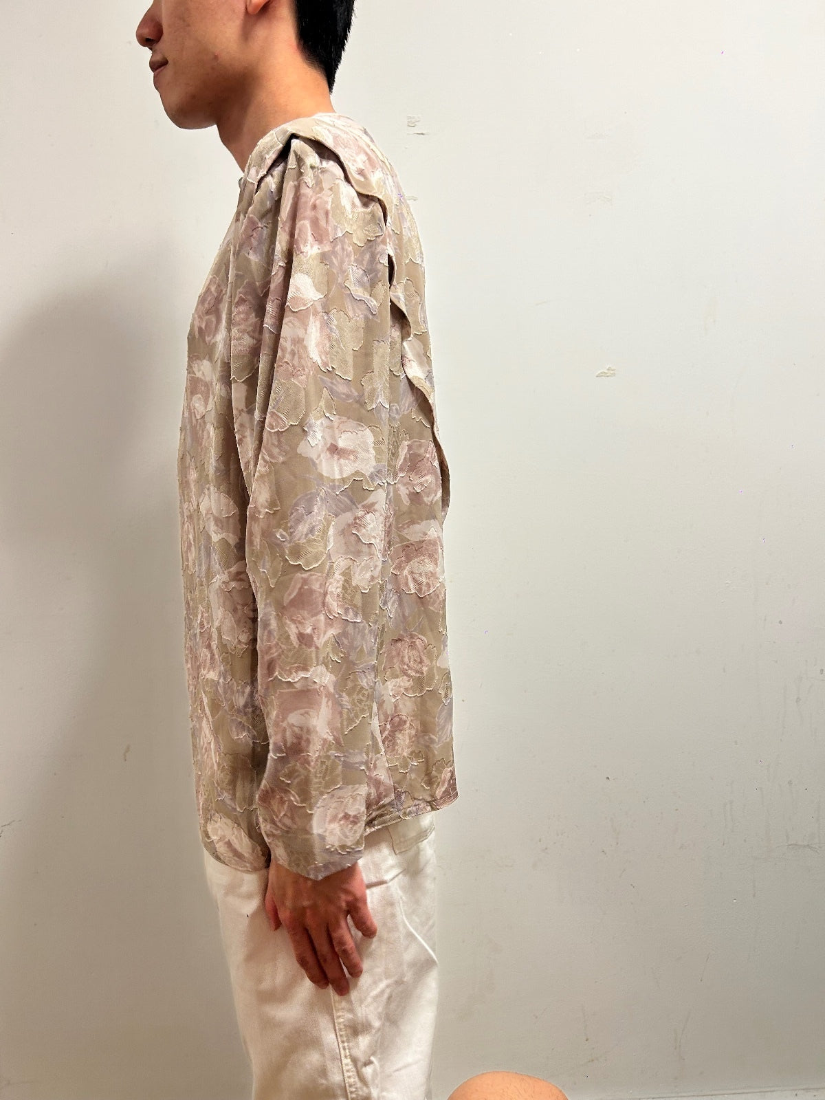French Vintage Floral Blouse UK 16 Romantic Textured Long Sleeve  Neutral Beige