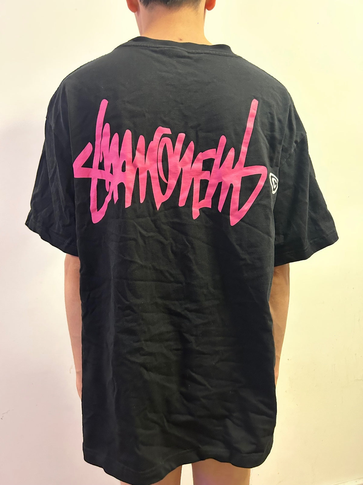 Suamoment Oversized Black Graphic T-Shirt Pink Logo 100% Cotton Size L