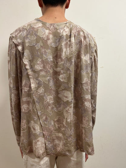 French Vintage Floral Blouse UK 16 Romantic Textured Long Sleeve  Neutral Beige
