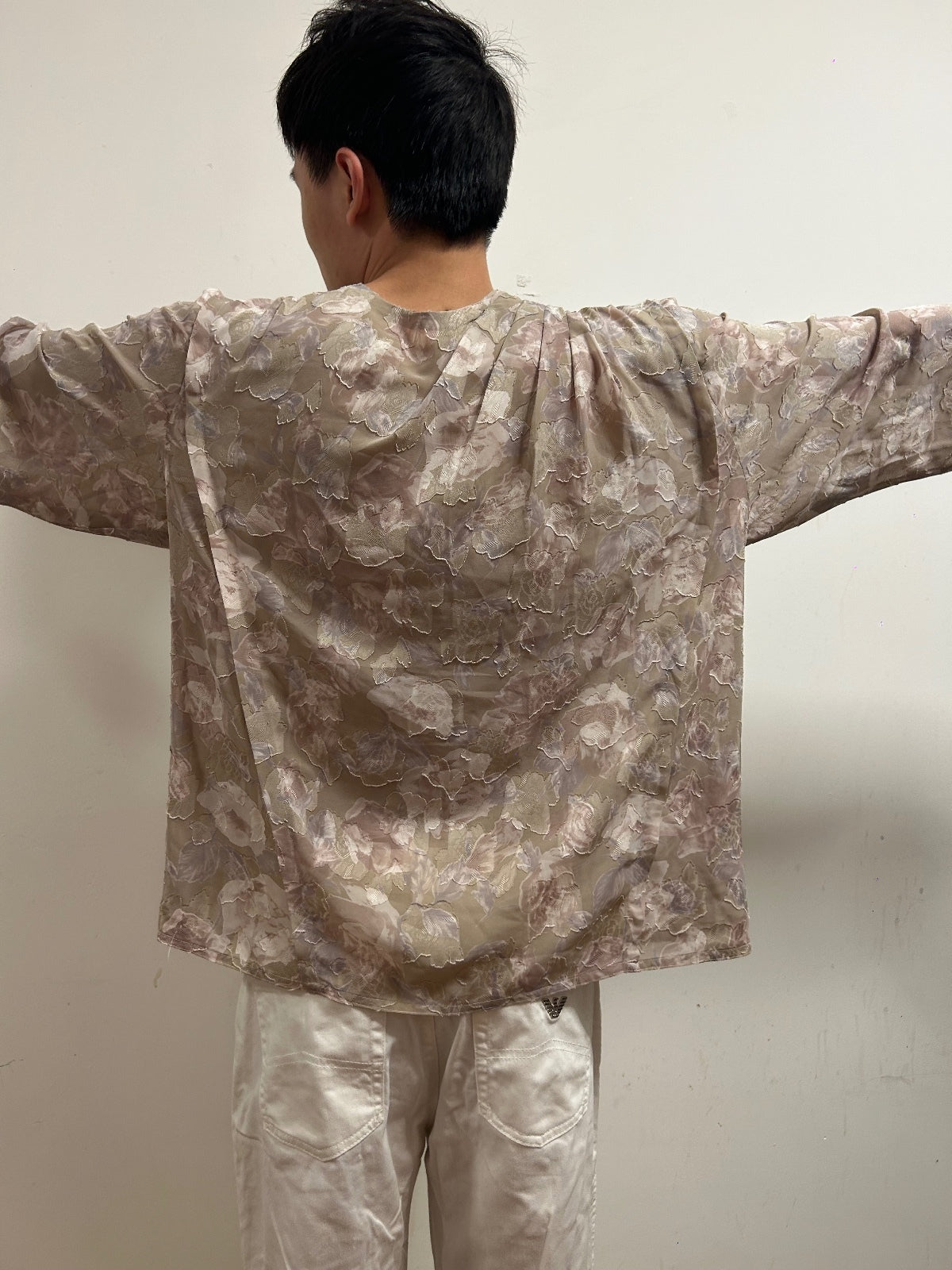 French Vintage Floral Blouse UK 16 Romantic Textured Long Sleeve  Neutral Beige
