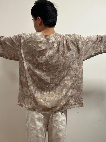 French Vintage Floral Blouse UK 16 Romantic Textured Long Sleeve  Neutral Beige