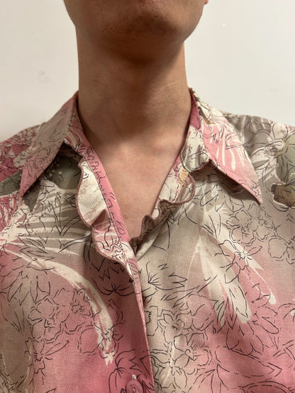 Vintage Setterlady Floral Blouse 44 UK 16)Pink Botanical Short Sleeve Shirt