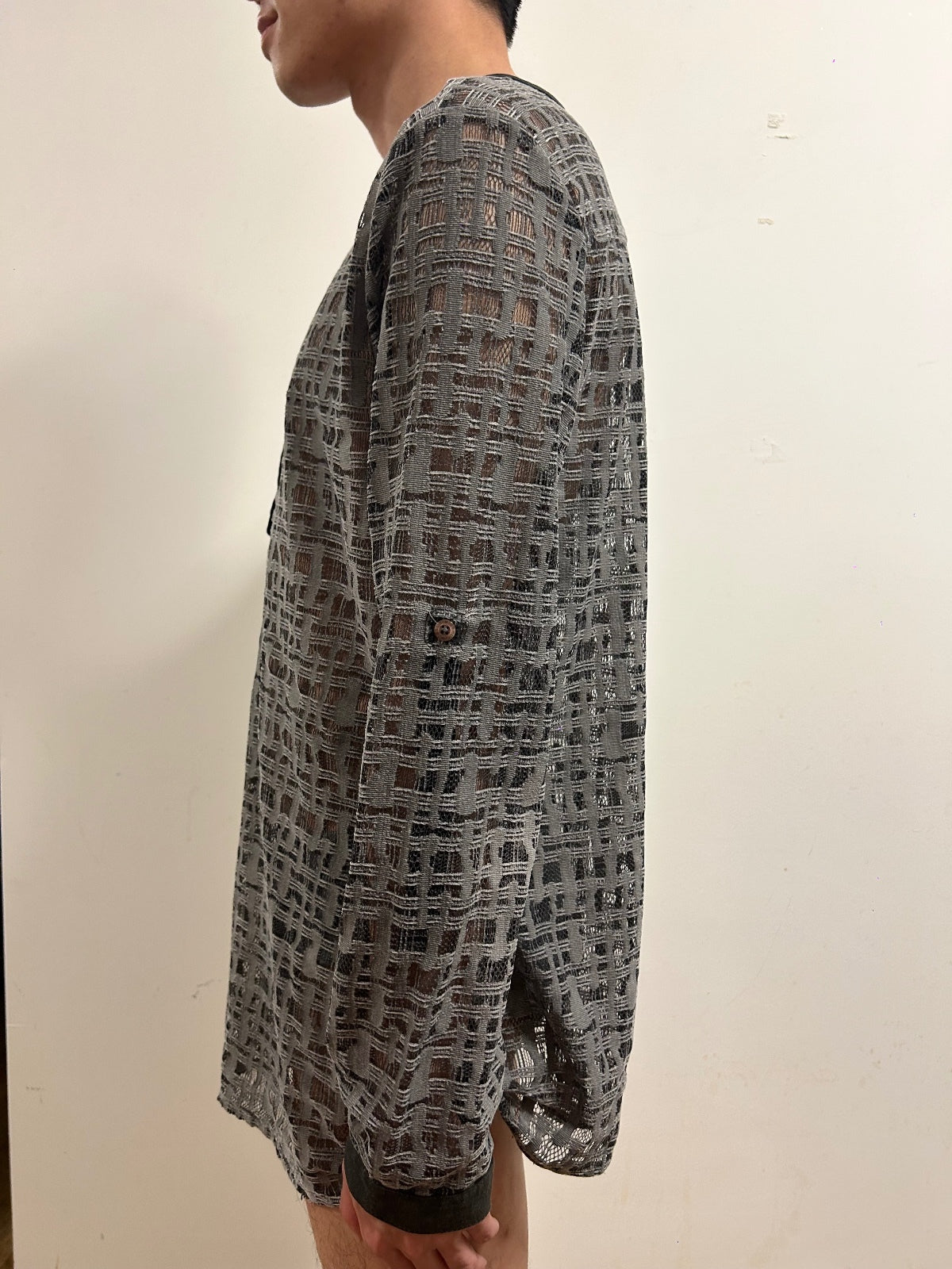 Comma Casual Identity Open-Weave Knit Top EU 40 Grey Semi-Sheer Long Sleeve