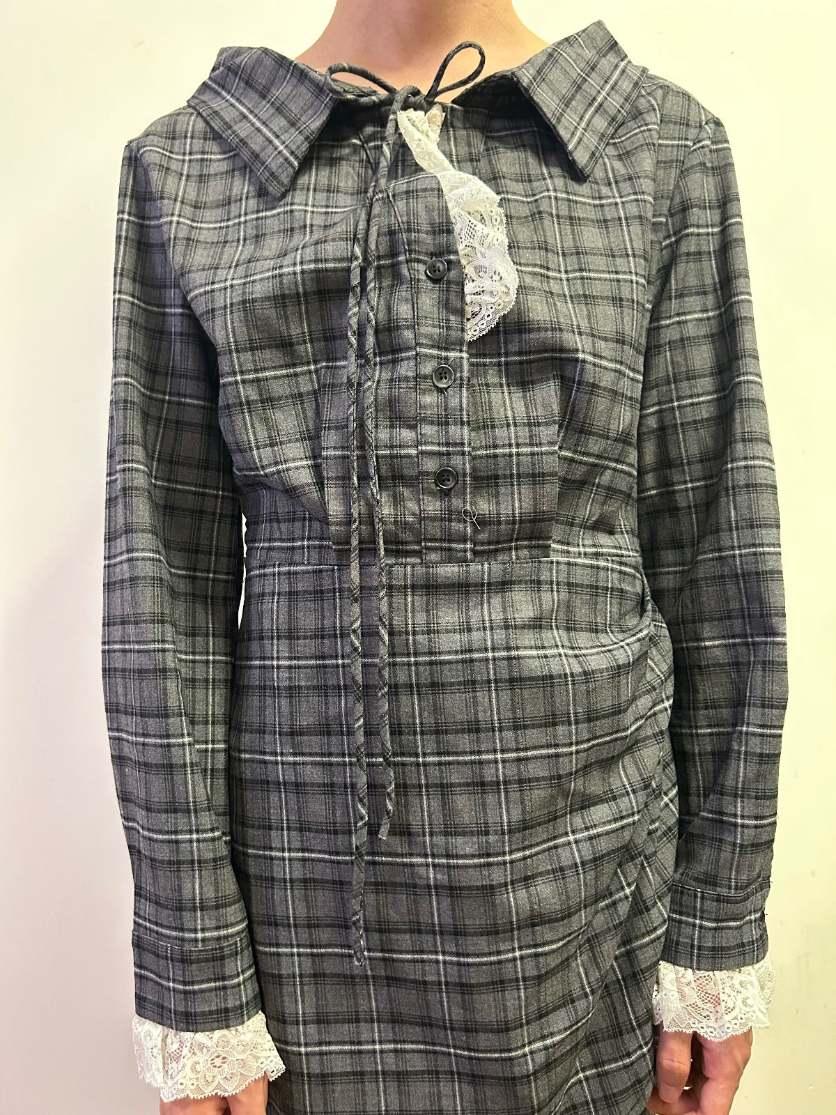 Korean Grey Plaid Lace Cuff Mini Dress Dark Academia UK 14