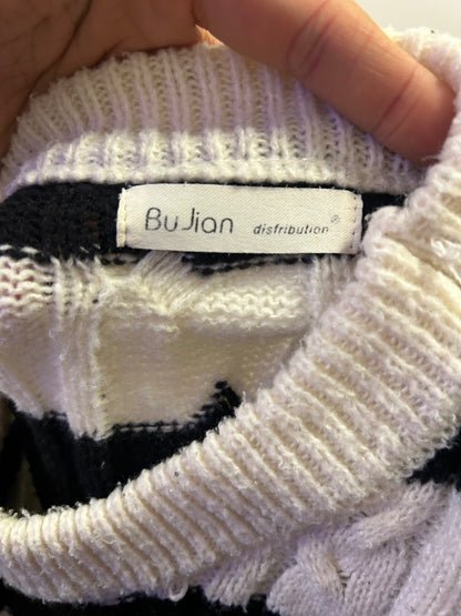 Oversized Distressed Cable Knit Striped Jumper Black White Grunge JapaneseStyle
