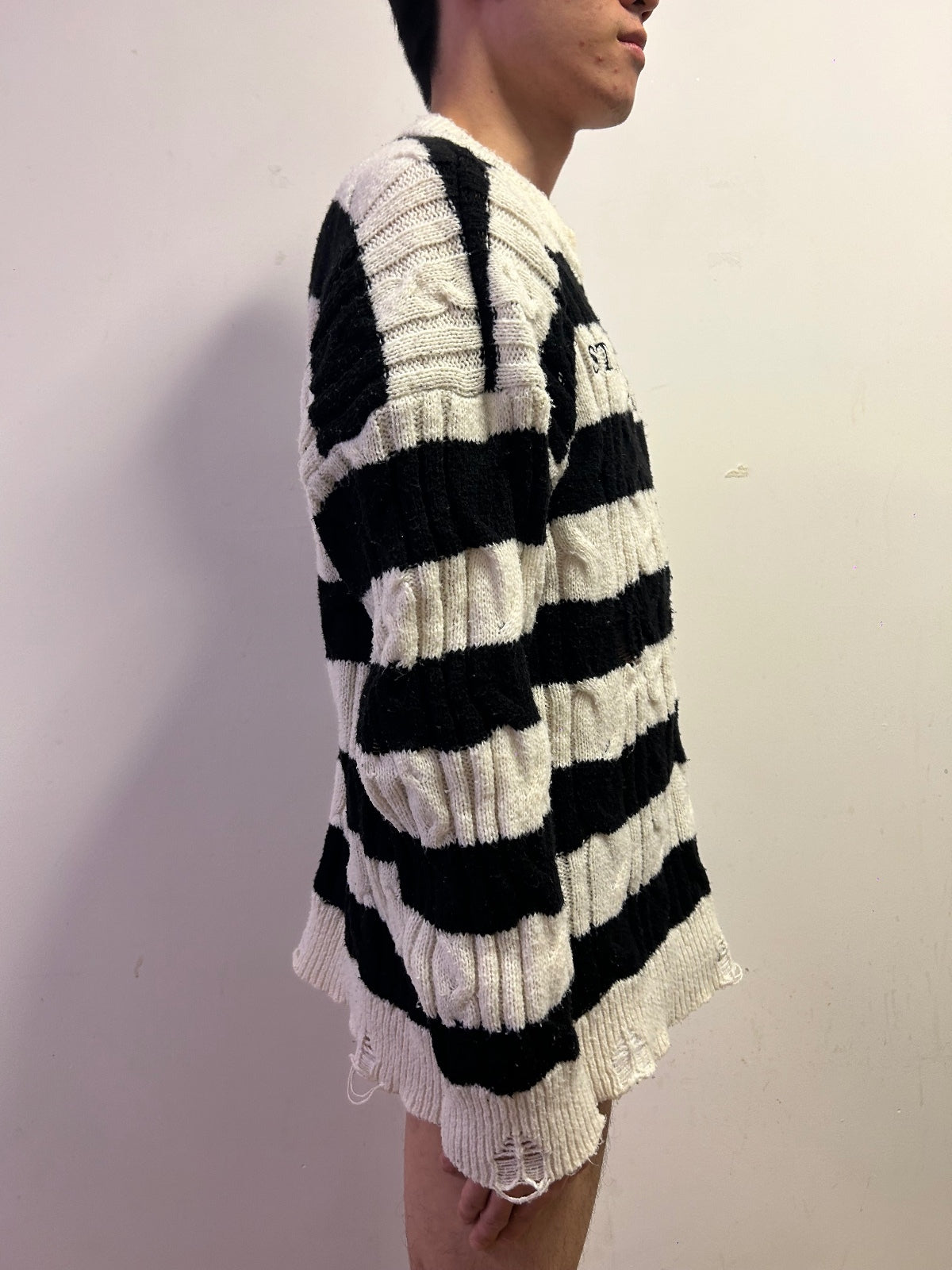 Oversized Distressed Cable Knit Striped Jumper Black White Grunge JapaneseStyle
