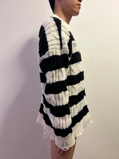 Oversized Distressed Cable Knit Striped Jumper Black White Grunge JapaneseStyle