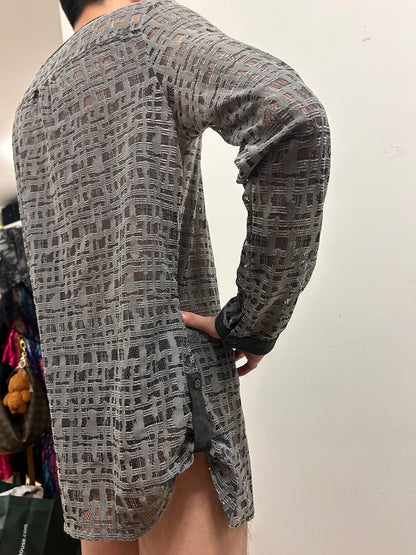 Comma Casual Identity Open-Weave Knit Top EU 40 Grey Semi-Sheer Long Sleeve