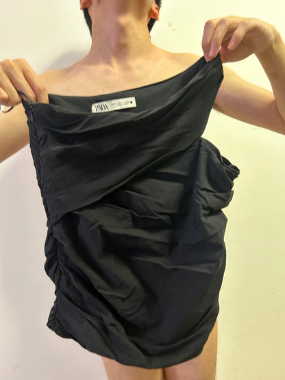 ZARA One Shoulder Ruched Black Top Size S Elegant Evening Quiet Luxury