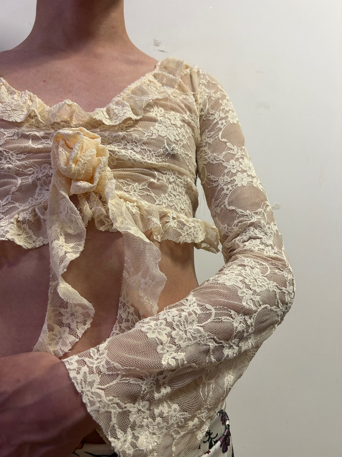 Ivory Lace Tie Front Cropped Cardigan | Balletcore Coquette Top S