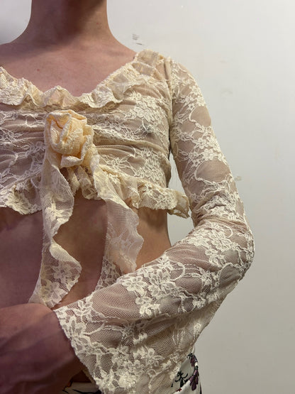 Ivory Lace Tie Front Cropped Cardigan | Balletcore Coquette Top S