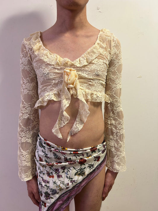 Ivory Lace Tie Front Cropped Cardigan | Balletcore Coquette Top S