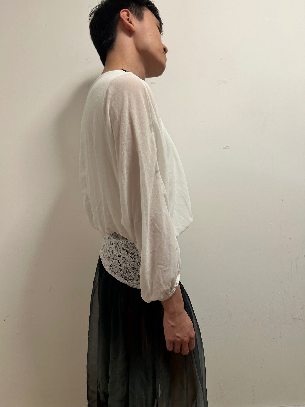 Elegant Ivory Sheer Zip Blouse | Relaxed Balloon Sleeves | Size L