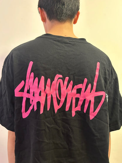Suamoment Oversized Black Graphic T-Shirt Pink Logo 100% Cotton Size L