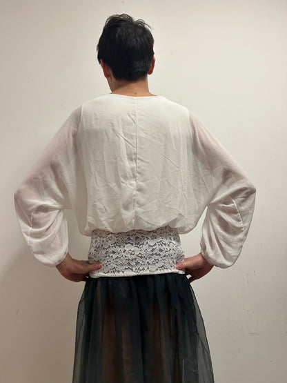Elegant Ivory Sheer Zip Blouse | Relaxed Balloon Sleeves | Size L