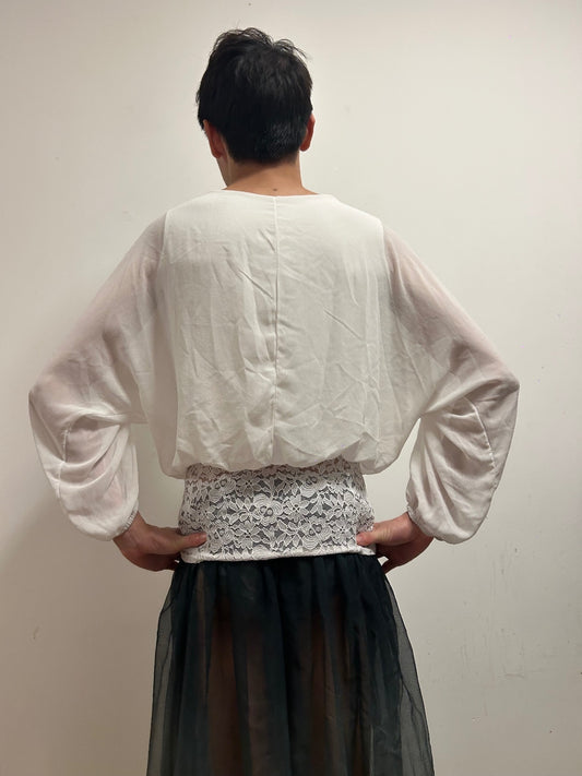 Elegant Ivory Sheer Zip Blouse | Relaxed Balloon Sleeves | Size L