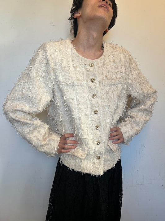 NEXT Premium Cream Bouclé Tweed Jacket Gold Button Textured Blazer UK 20