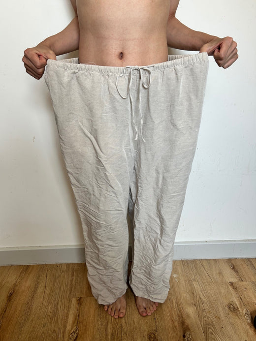 Linen Blend Wide Leg Drawstring Trousers | Relaxed Beige Summer Trousers XL