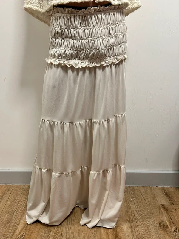 Cream Tiered Maxi Skirt with Shirred Waist & Ruffle Detail