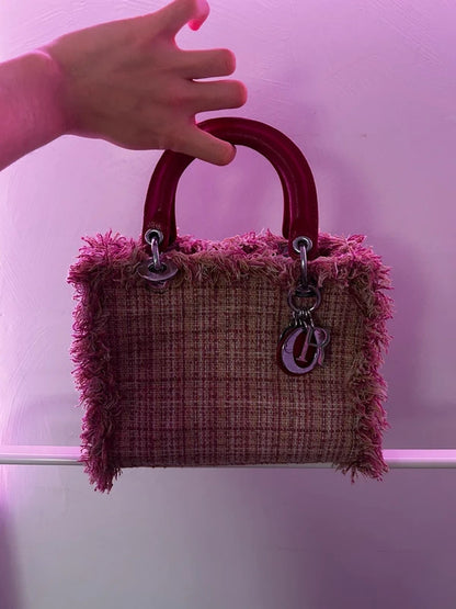 Unbranded Pink Burgundy Tweed Mini Top Handle Bag Frayed Edge Handbag