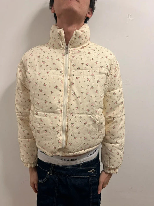 Cream Floral Cropped Puffer Jacket Women’s Small