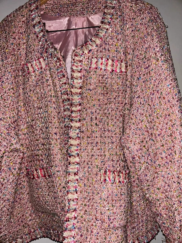 Korean  Pink Sequin Tweed Jacket Plus Size UK 22+