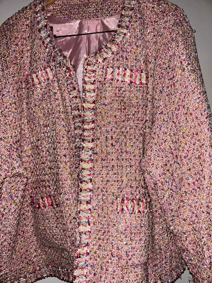Korean  Pink Sequin Tweed Jacket Plus Size UK 22+