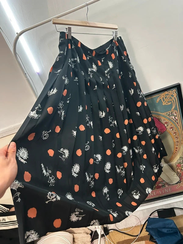 Country Casuals 1980s-Style Black Pleated Midi Skirt Orange Floral Print UK 16