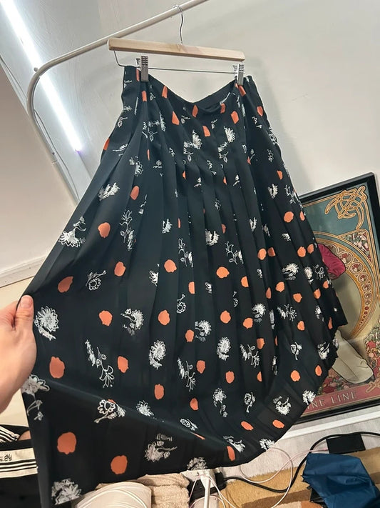 Country Casuals 1980s-Style Black Pleated Midi Skirt Orange Floral Print UK 16