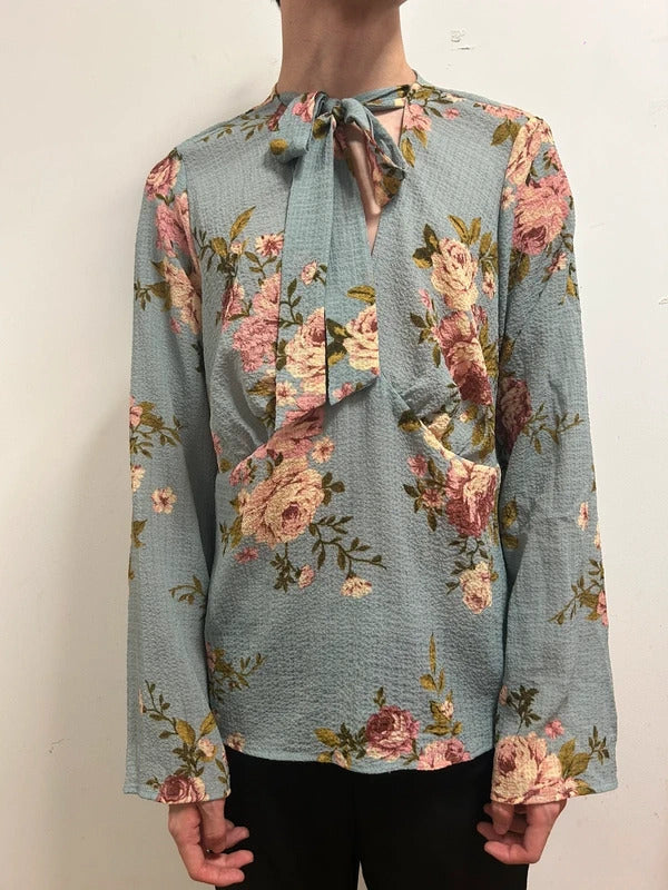korean boutique blue floral tie neck blouse uk 16-18