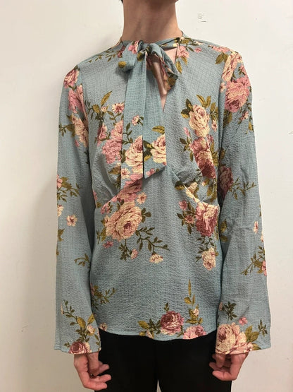 korean boutique blue floral tie neck blouse uk 16-18