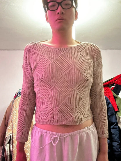 Vintage Beige Crochet Open Knit Jumper UK 16 18 Sheer Boho Beach Crop Knit Top