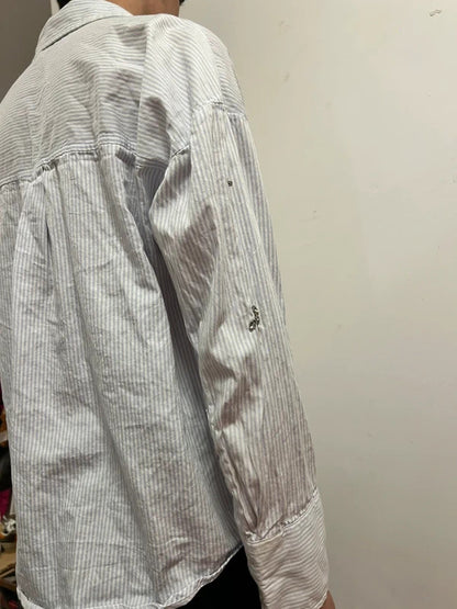 Primark Paris Blue Striped Rhinestone Shirt S Embellished Cotton Button Up